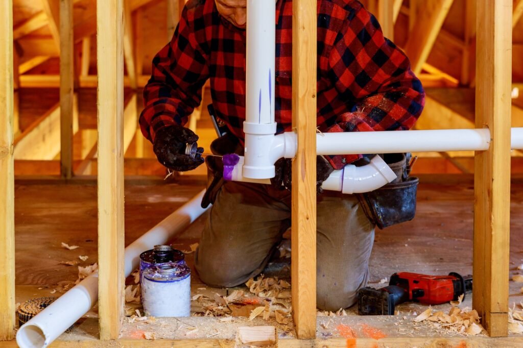 Applying plumber pipe drain and vent plumbing system at renovation new home construction